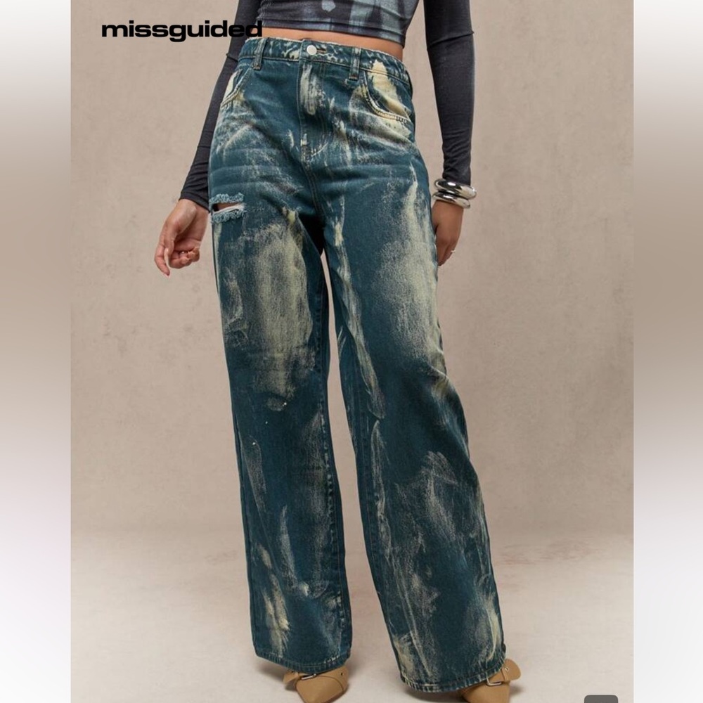 Misguided Acid Wash Baggy Fit Mid-Rise Wide Leg Distressed Paint-Splash Jeans M